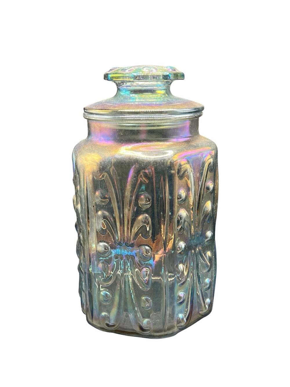Vintage L.E. Smith Carnival Glass Imperial Atterbury Scroll Iridescent canister